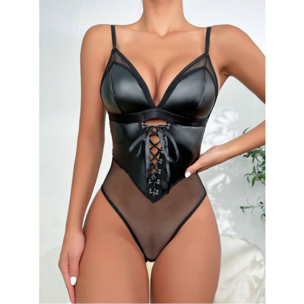 Medium, Large X-LARGE Lace Up Front Contrast Mesh PU Leather Teddy Bodysuit